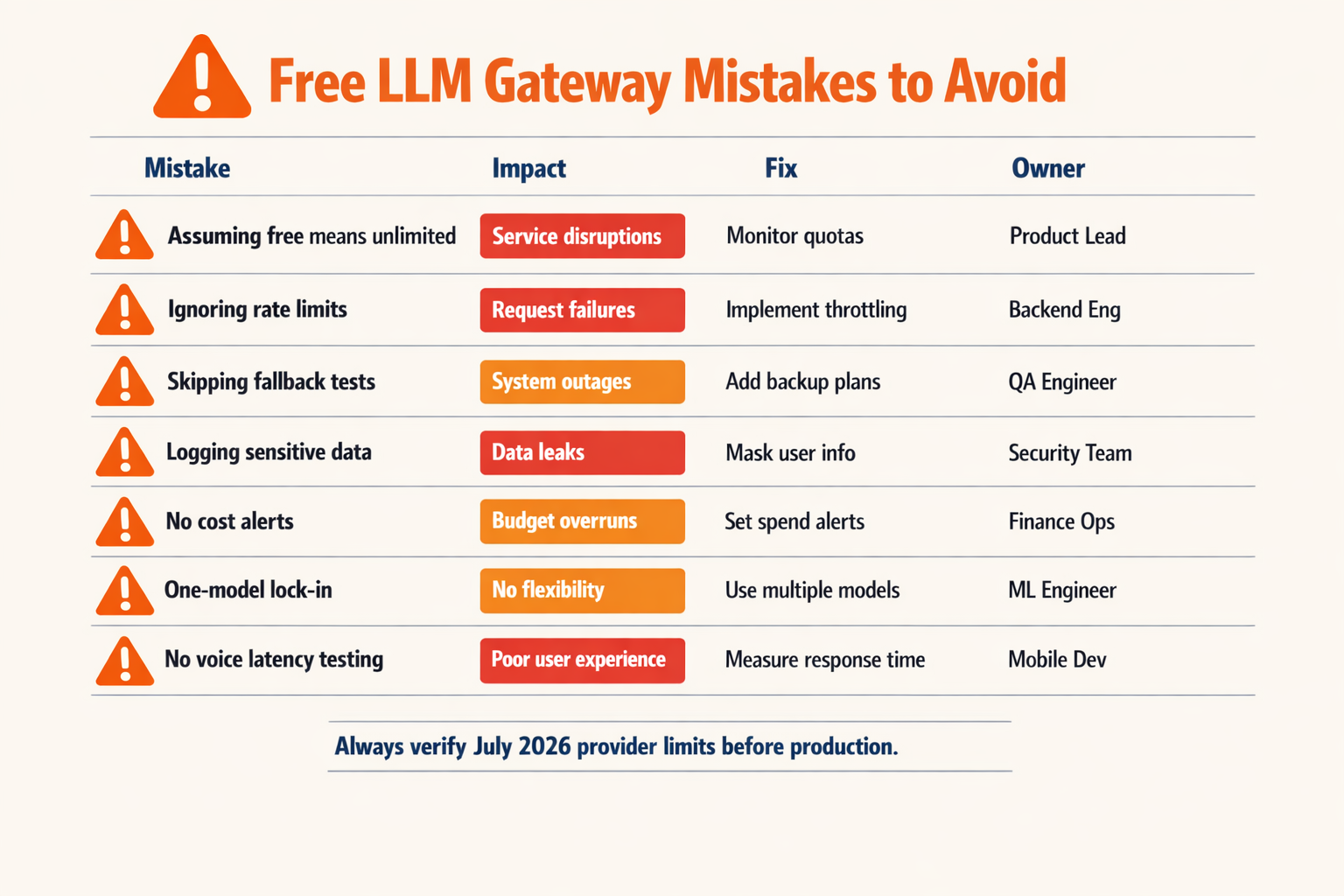 Design a caution-focused table infographic titled Free LLM Gateway Mistakes to Avoid