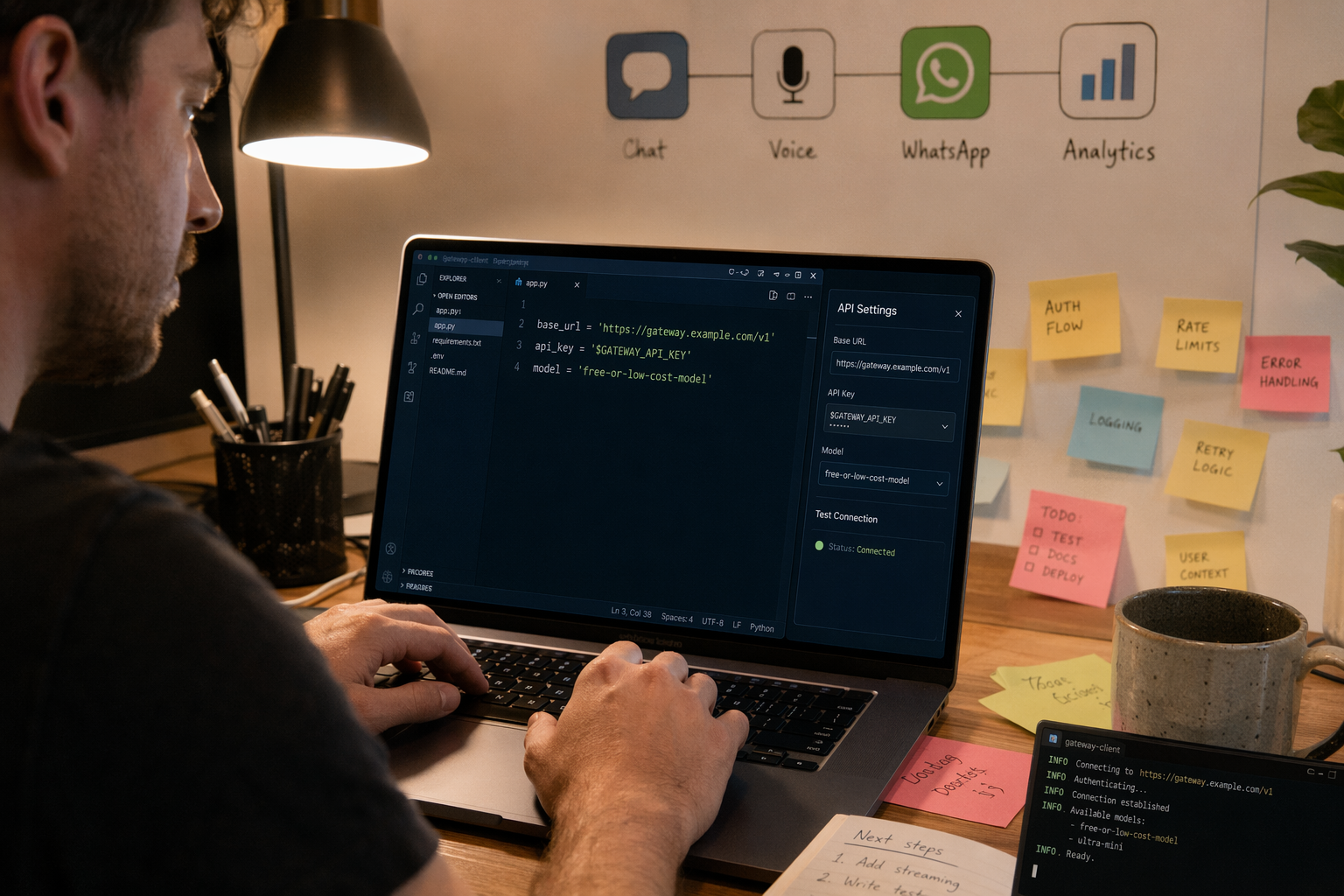 Show a developer desk scene with a laptop displaying a minimal code editor and an API settings panel, surrounded by sticky