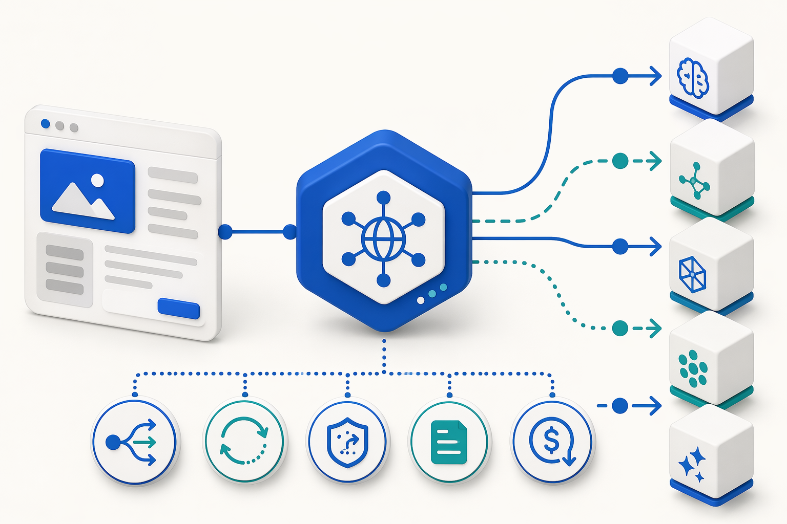 Create a clean architecture infographic showing a developer app on the left sending one request into a central gateway box,