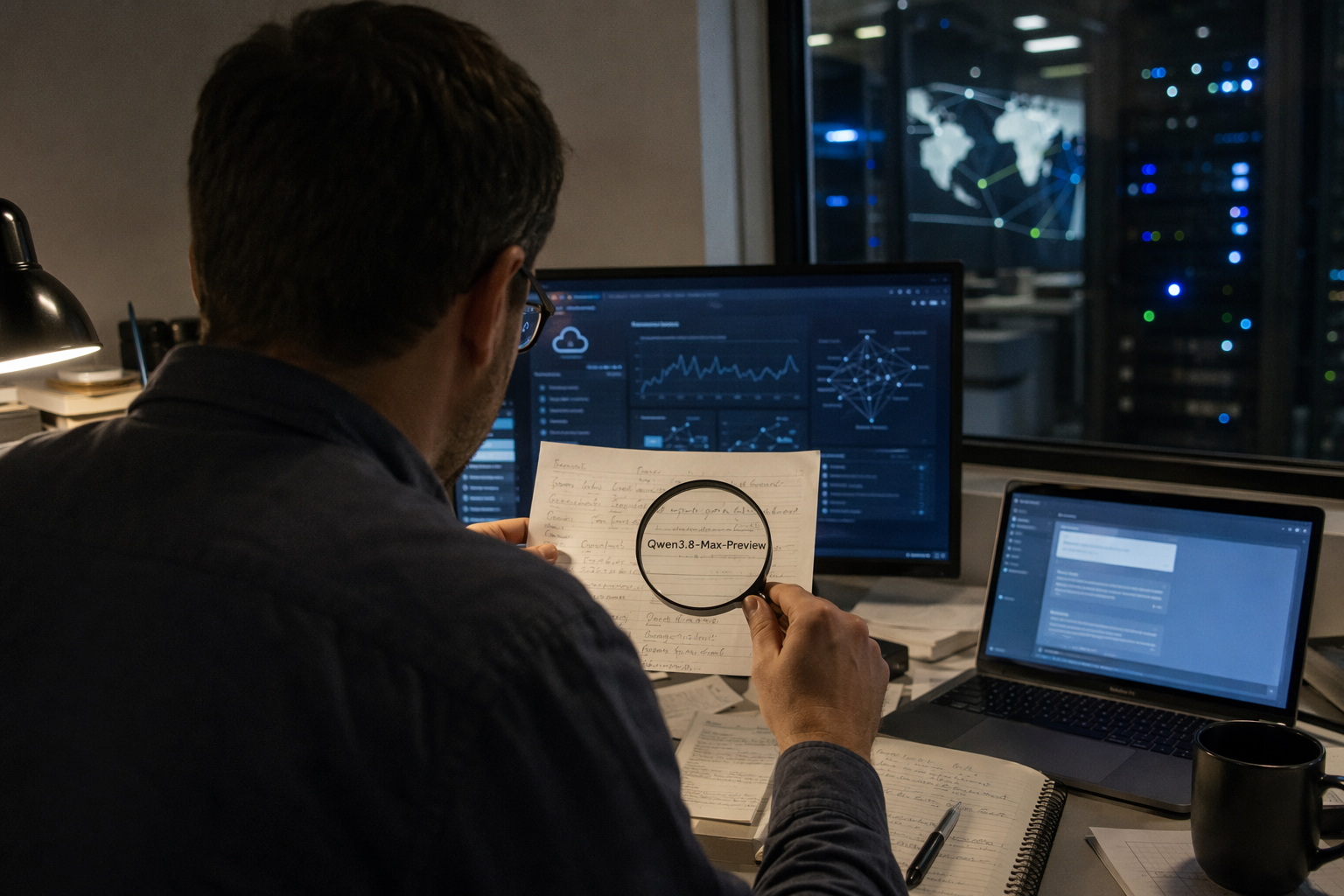 An editorial verification scene showing a technology journalist’s desk with a laptop open to an official-looking cloud model