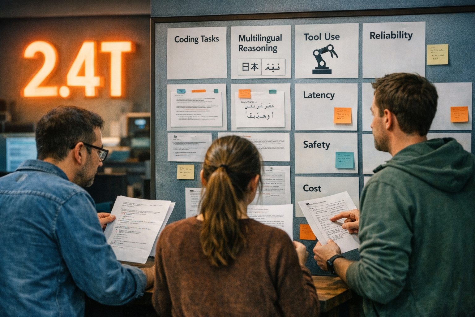 A thoughtful AI evaluation scene in a software engineering lab: one large glowing numeric display reading 2.4T sits off to