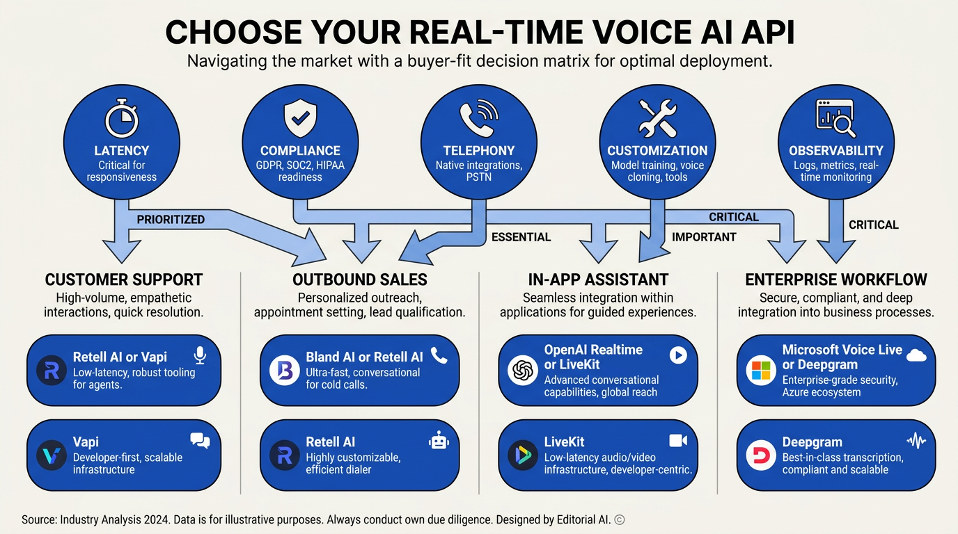 Create a decision matrix infographic titled Choose Your Real-Time Voice AI API