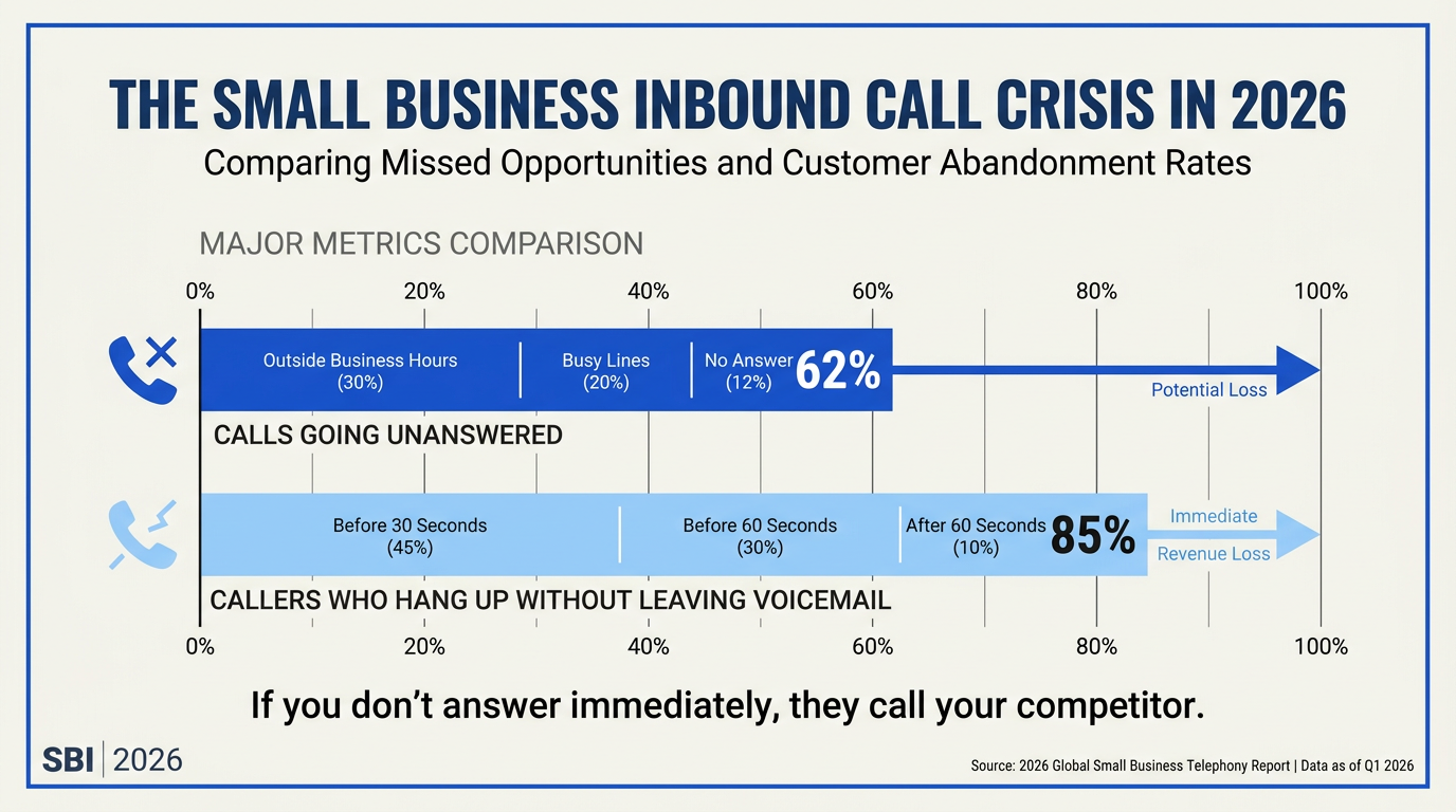 A highly detailed horizontal bar chart infographic titled 'The Small Business Inbound Call Crisis in 2026'