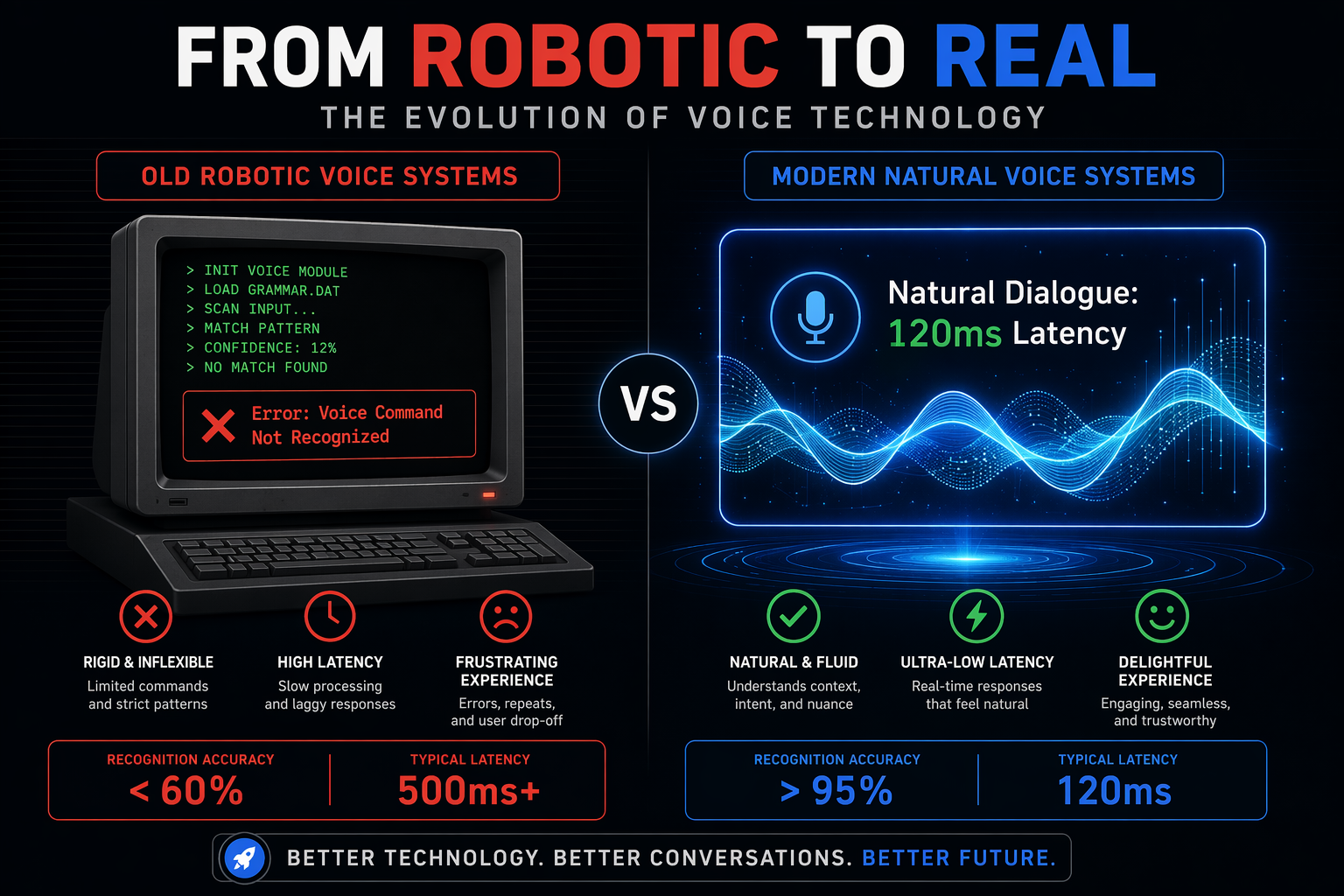 A side-by-side conceptual illustration comparing old robotic voice systems to modern natural conversation