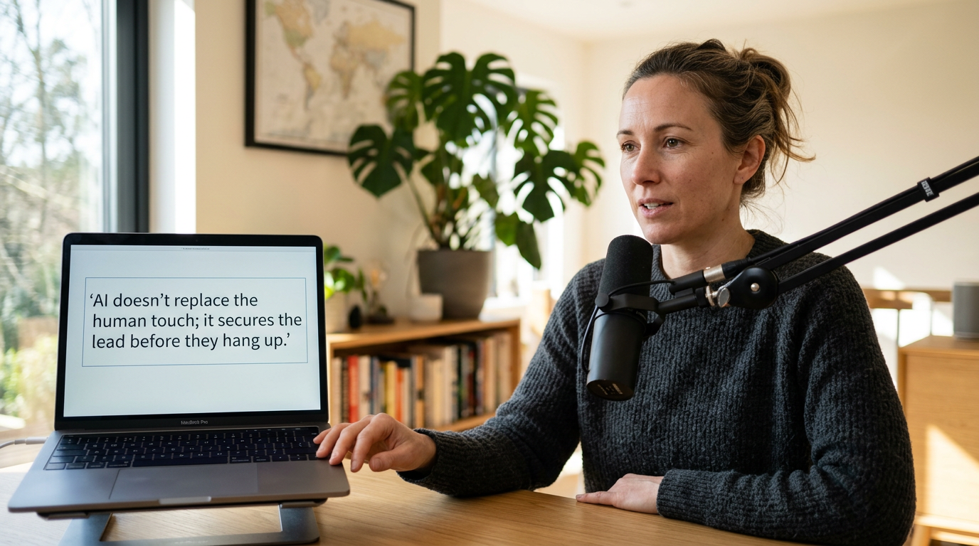A clean, modern workspace scene of a remote operations consultant speaking through a professional microphone