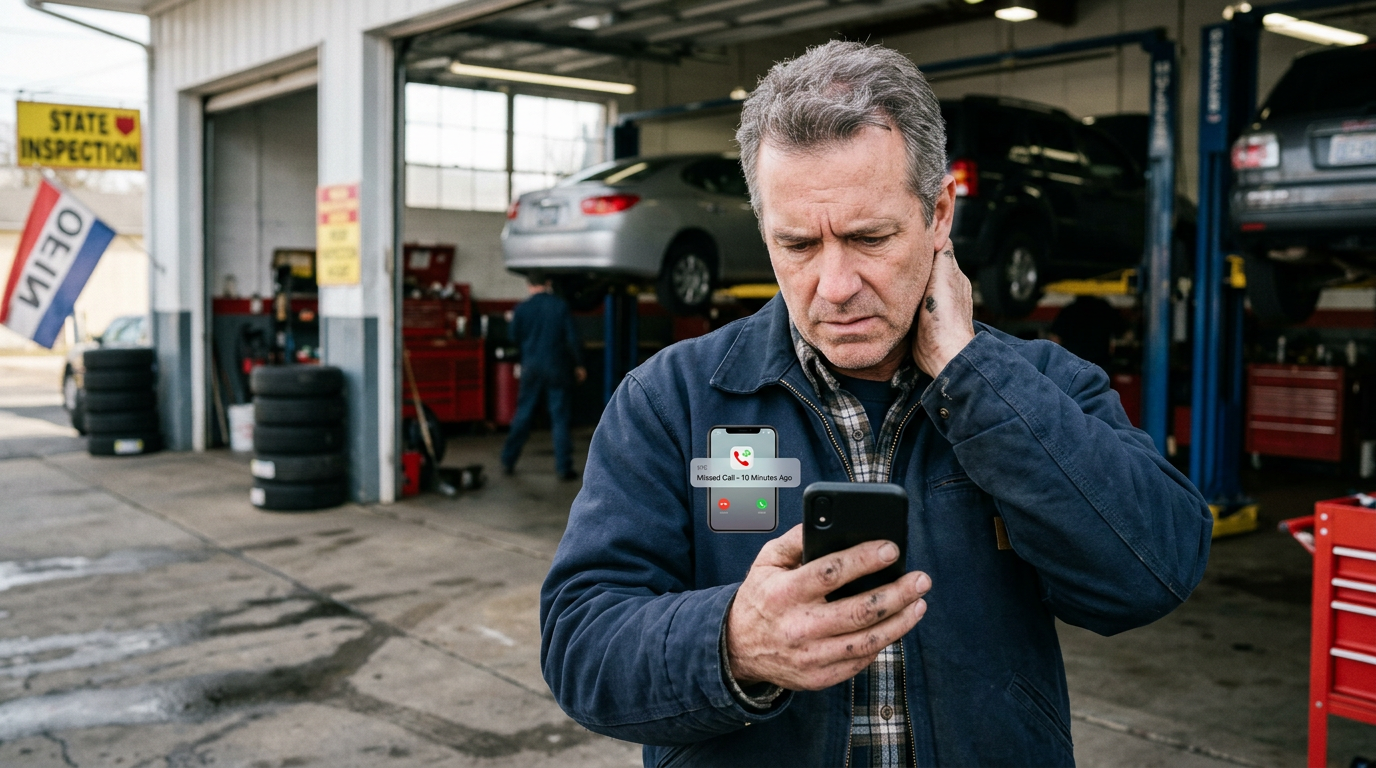 A frustrated local business owner, a middle-aged auto repair shop manager, stands in his busy garage holding a smartphone