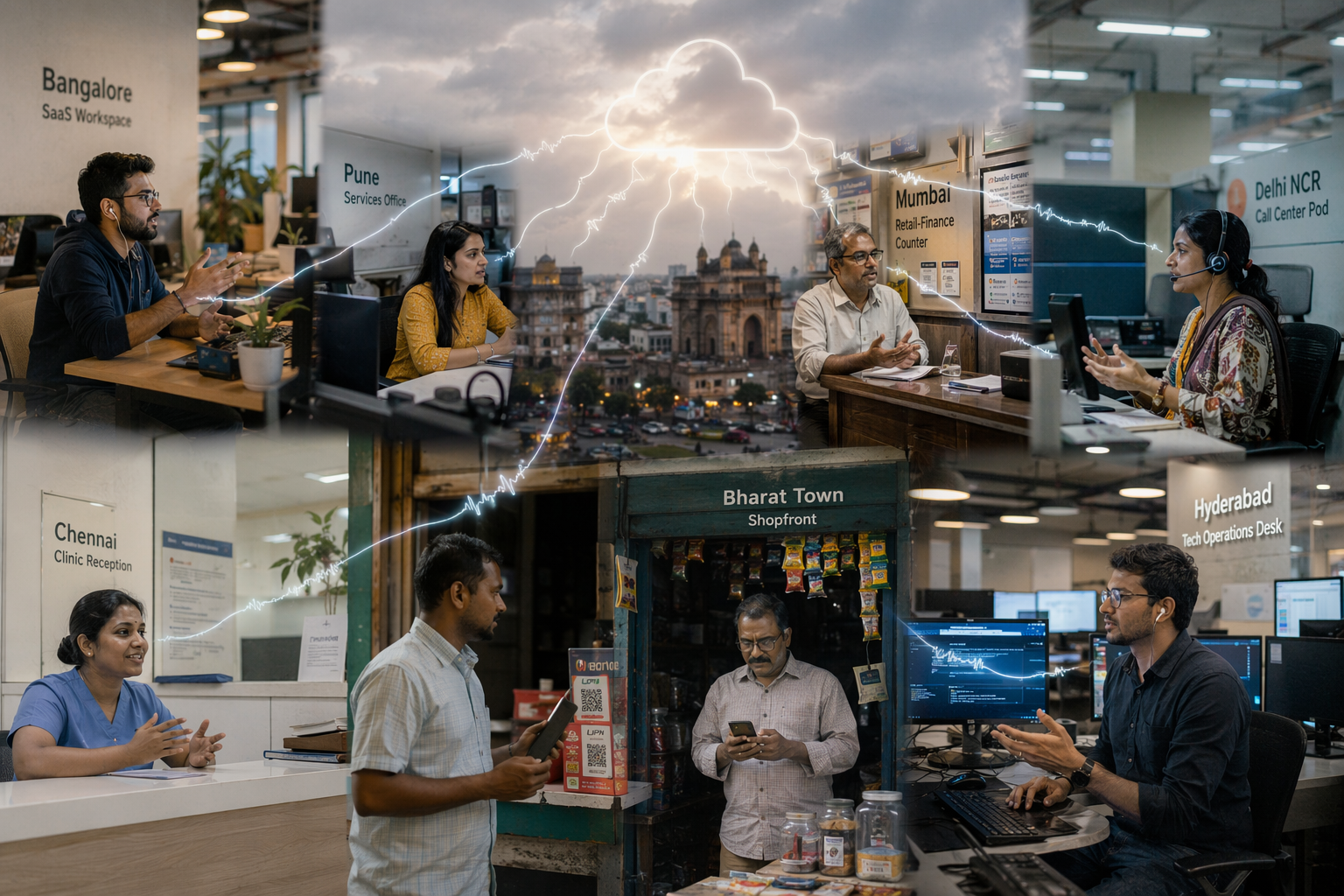 A wide cinematic business scene showing seven distinct Indian business environments blended into one panoramic composition: