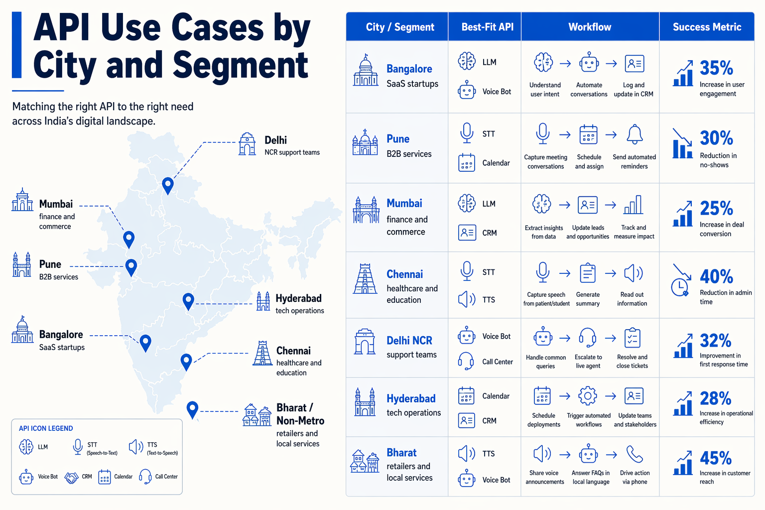 Build a detailed table-and-map infographic titled API Use Cases by City and Segment