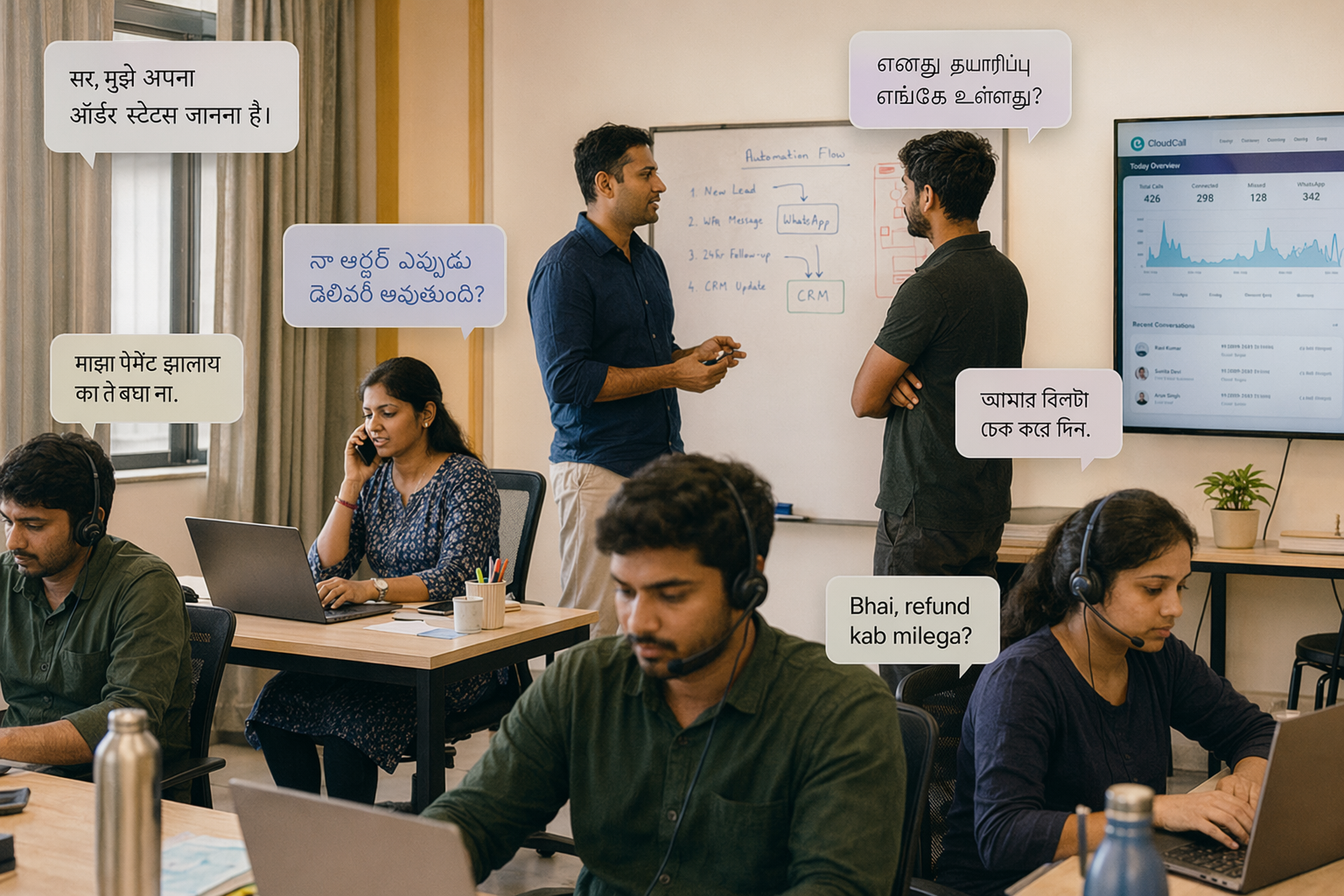 A busy but approachable Indian SMB office scene showing a small customer support team handling phone calls, WhatsApp voice