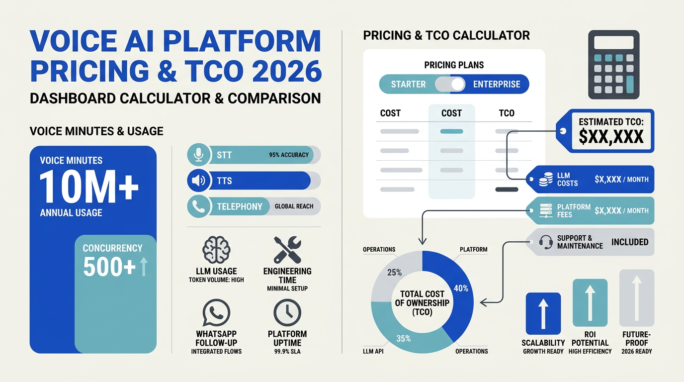 Create a pricing comparison infographic with six vertical pricing cards under the title Voice AI Pricing & Value: What to
