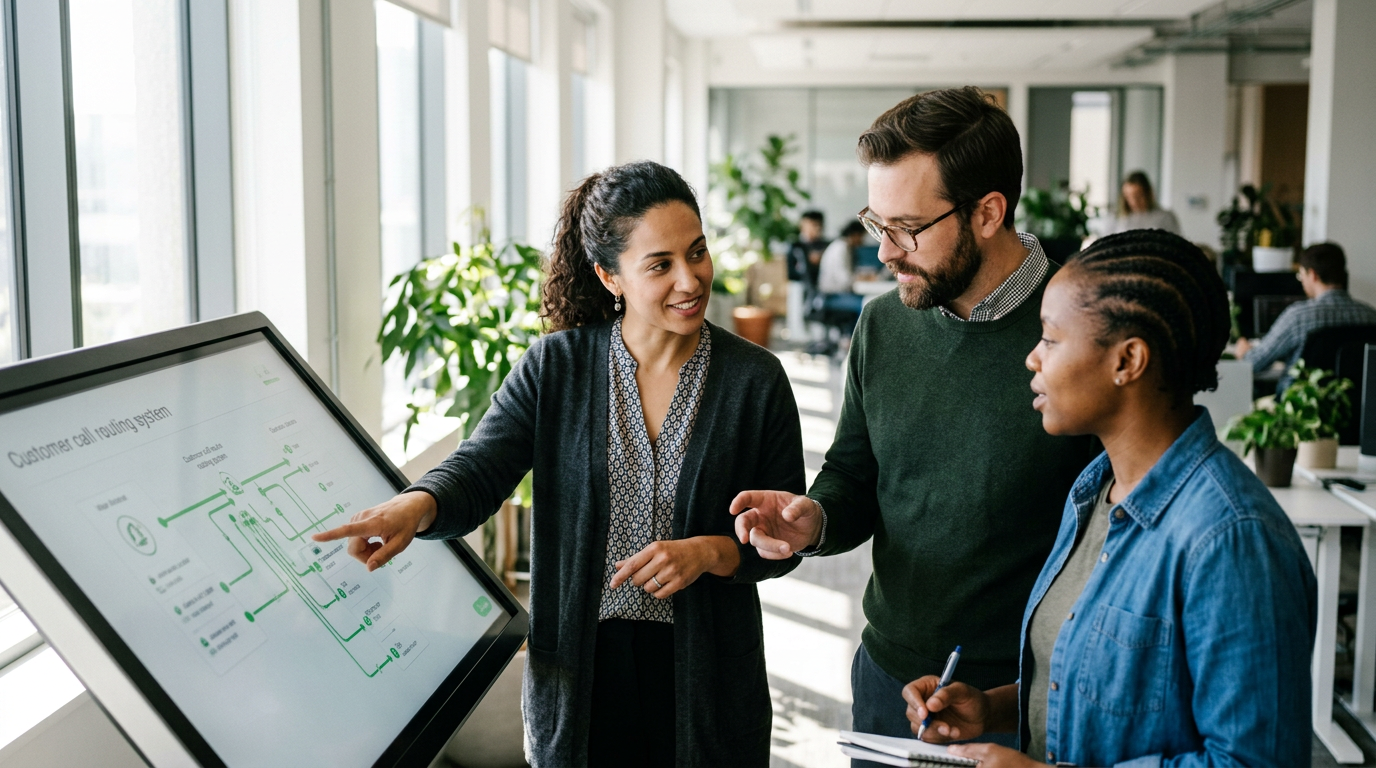 A modern, bright tech office where a diverse team of three product managers and developers are gathered around a large