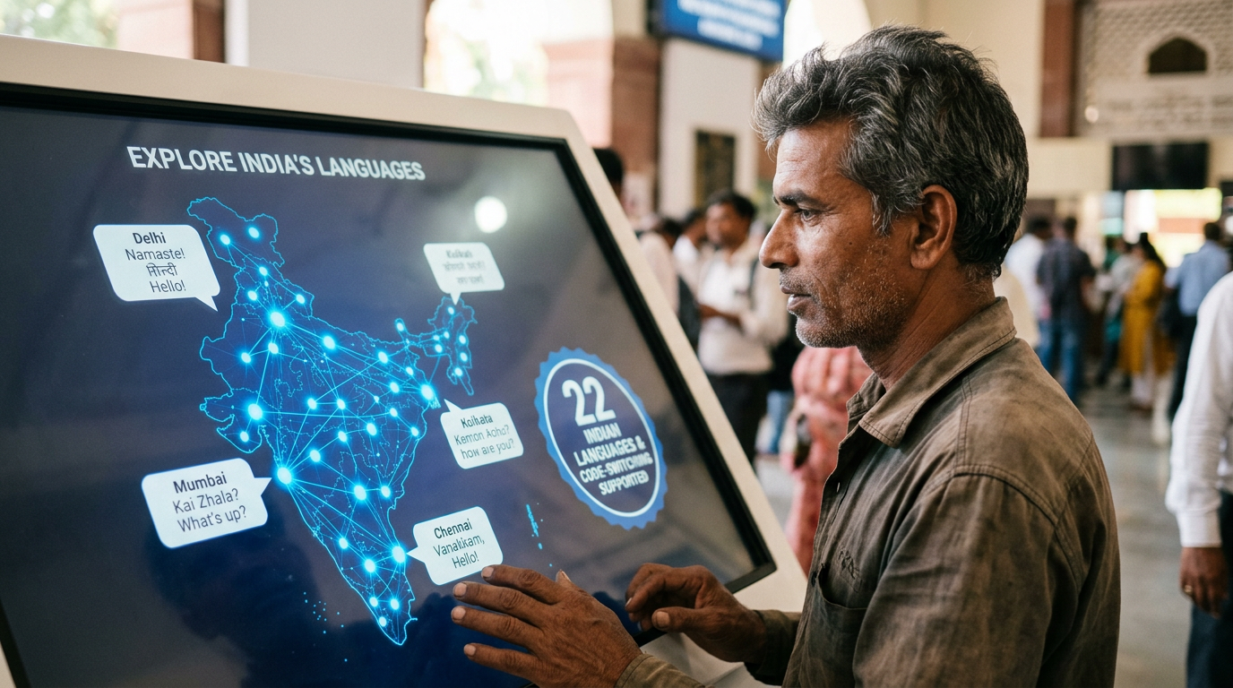 A vibrant digital map of India highlighted with glowing nodes representing regional languages