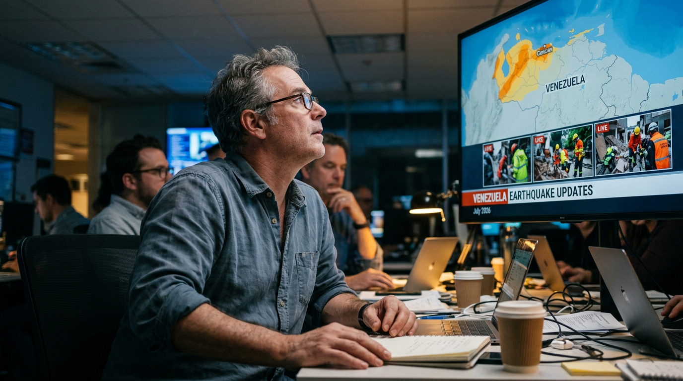 A newsroom scene during a major breaking-news update, with editors gathered around a large wall screen showing a map of