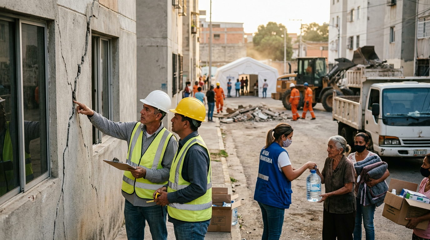 A forward-looking recovery scene showing engineers in hard hats inspecting a cracked apartment building while aid workers