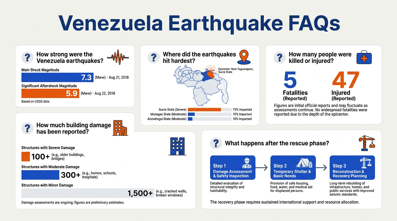 A polished FAQ card-style infographic titled Venezuela Earthquake FAQs with five stacked question cards