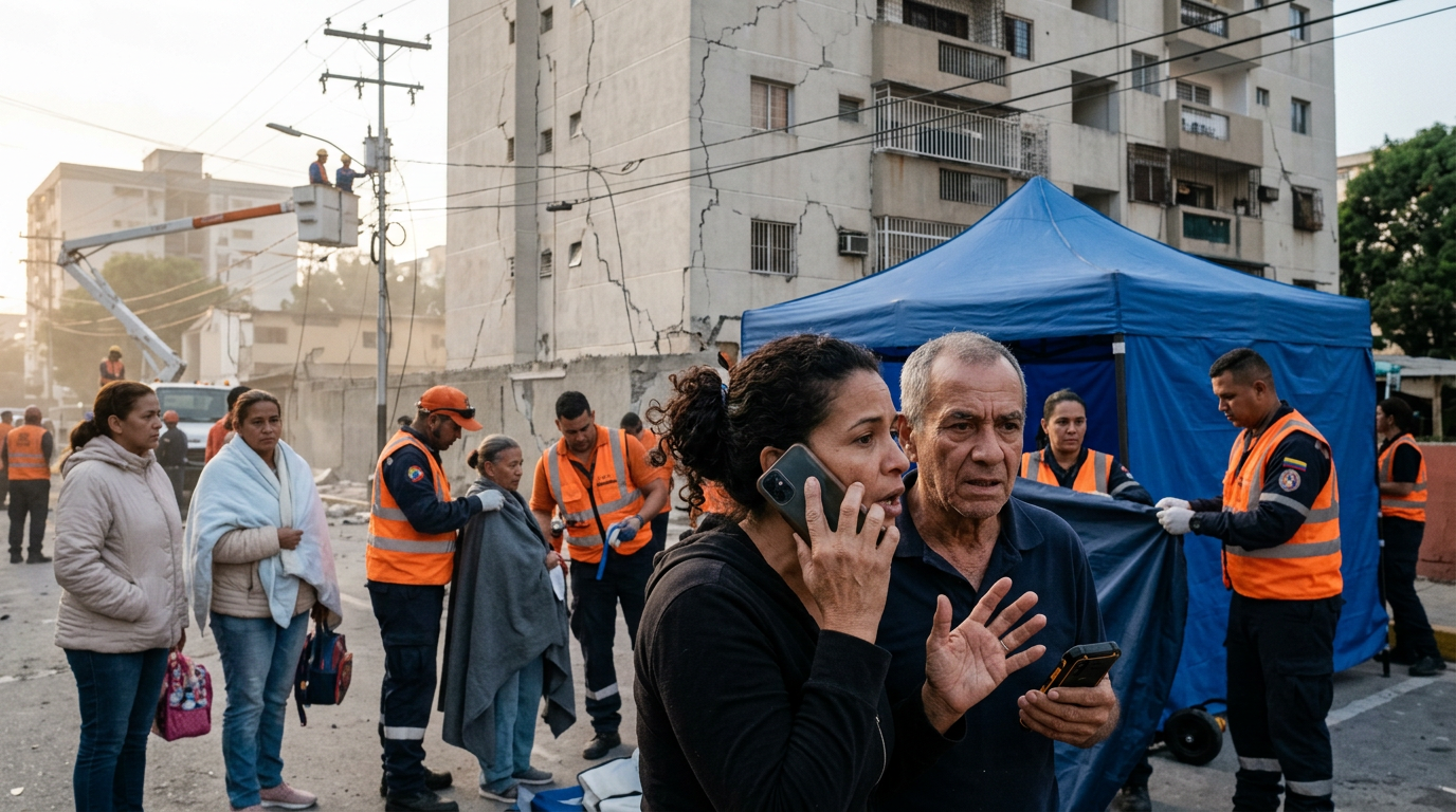 A ground-level disaster scene in a Venezuelan urban neighborhood shortly after the twin earthquakes, showing residents