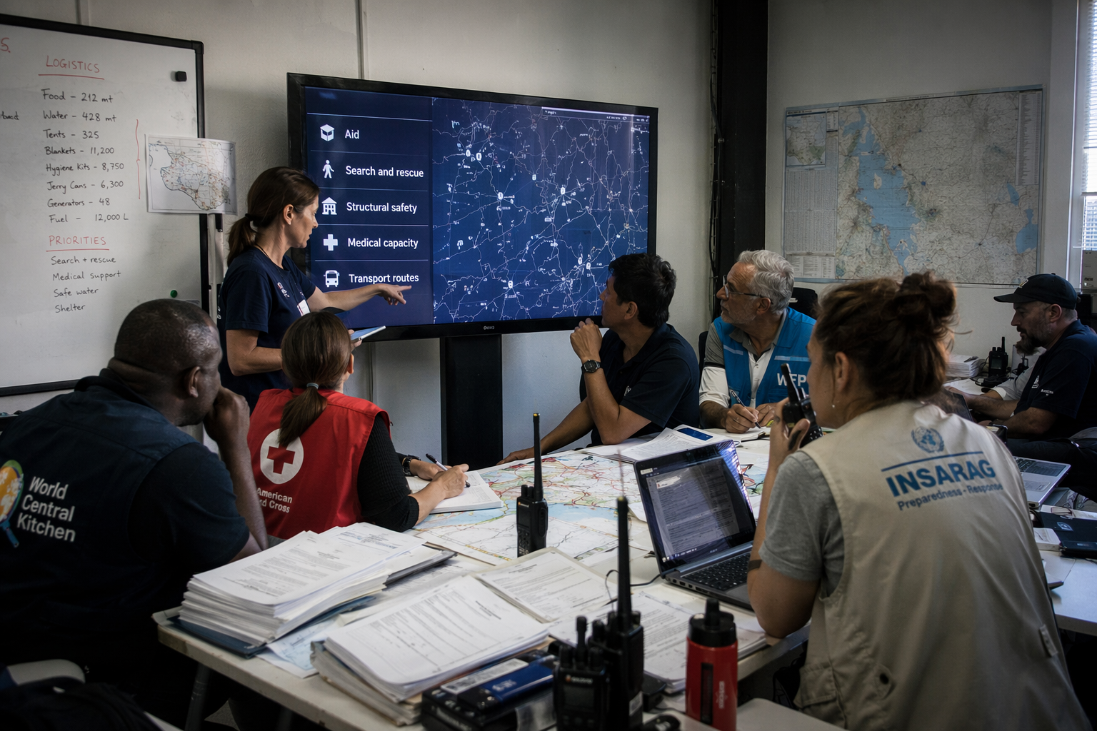 A wide scene inside an emergency coordination center where representatives from humanitarian organizations, civil engineers,