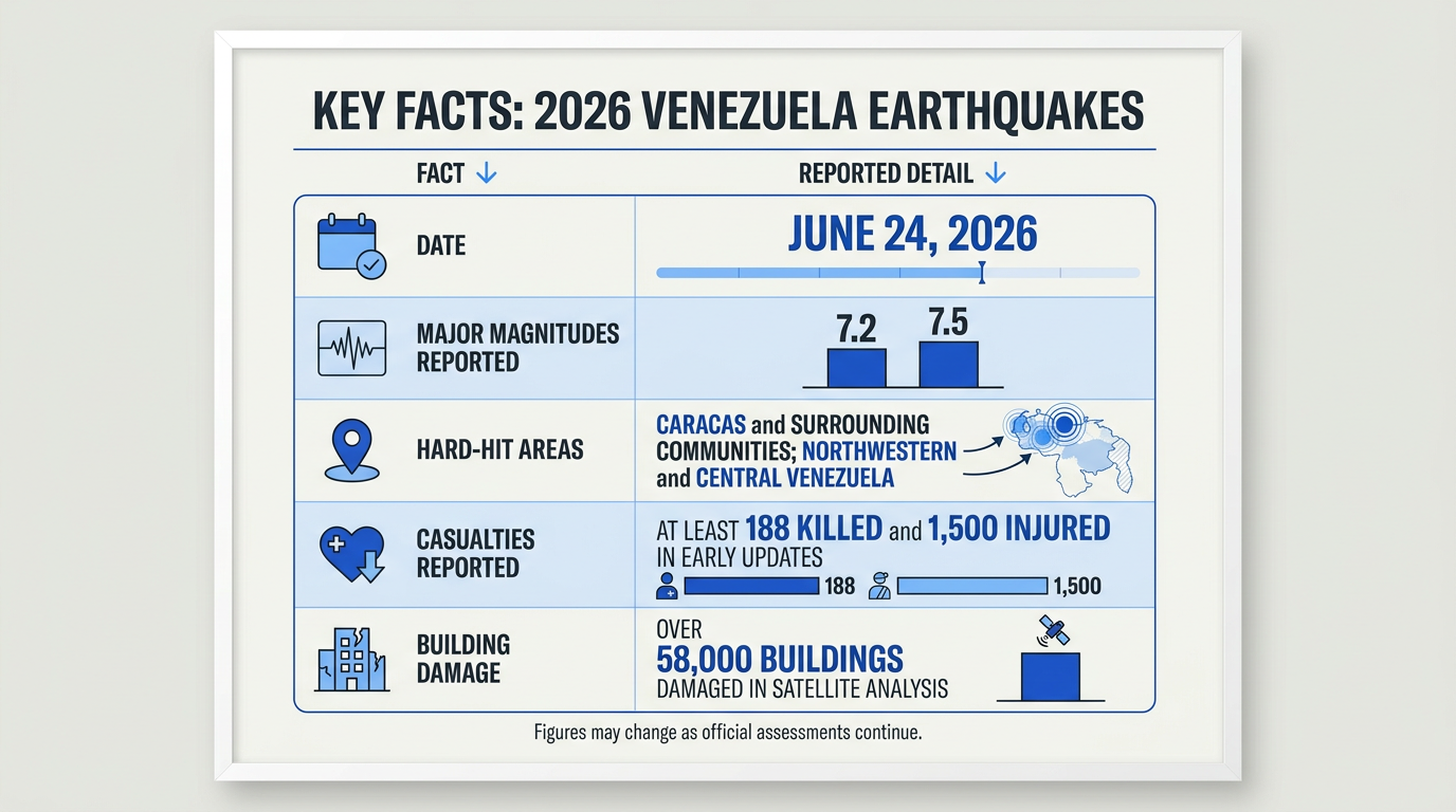 Create a clean news infographic table titled Key Facts: 2026 Venezuela Earthquakes with five rows and two columns labeled