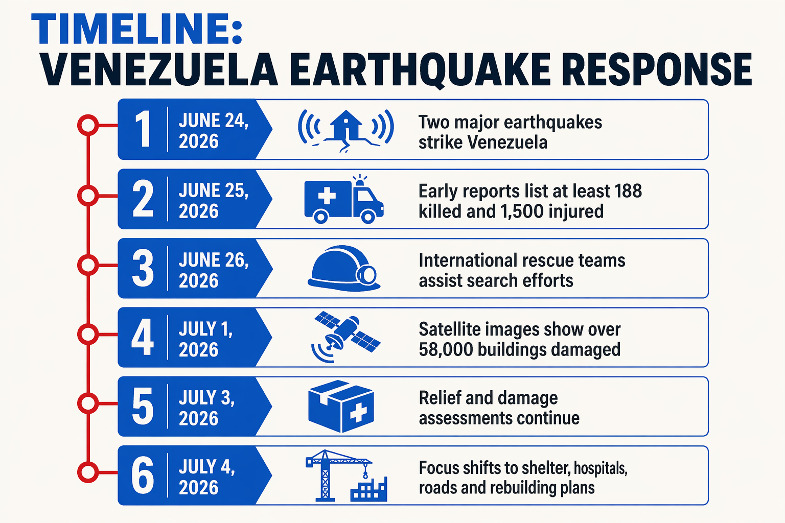 Create a vertical timeline infographic titled Timeline: Venezuela Earthquake Response with six dated cards connected by a