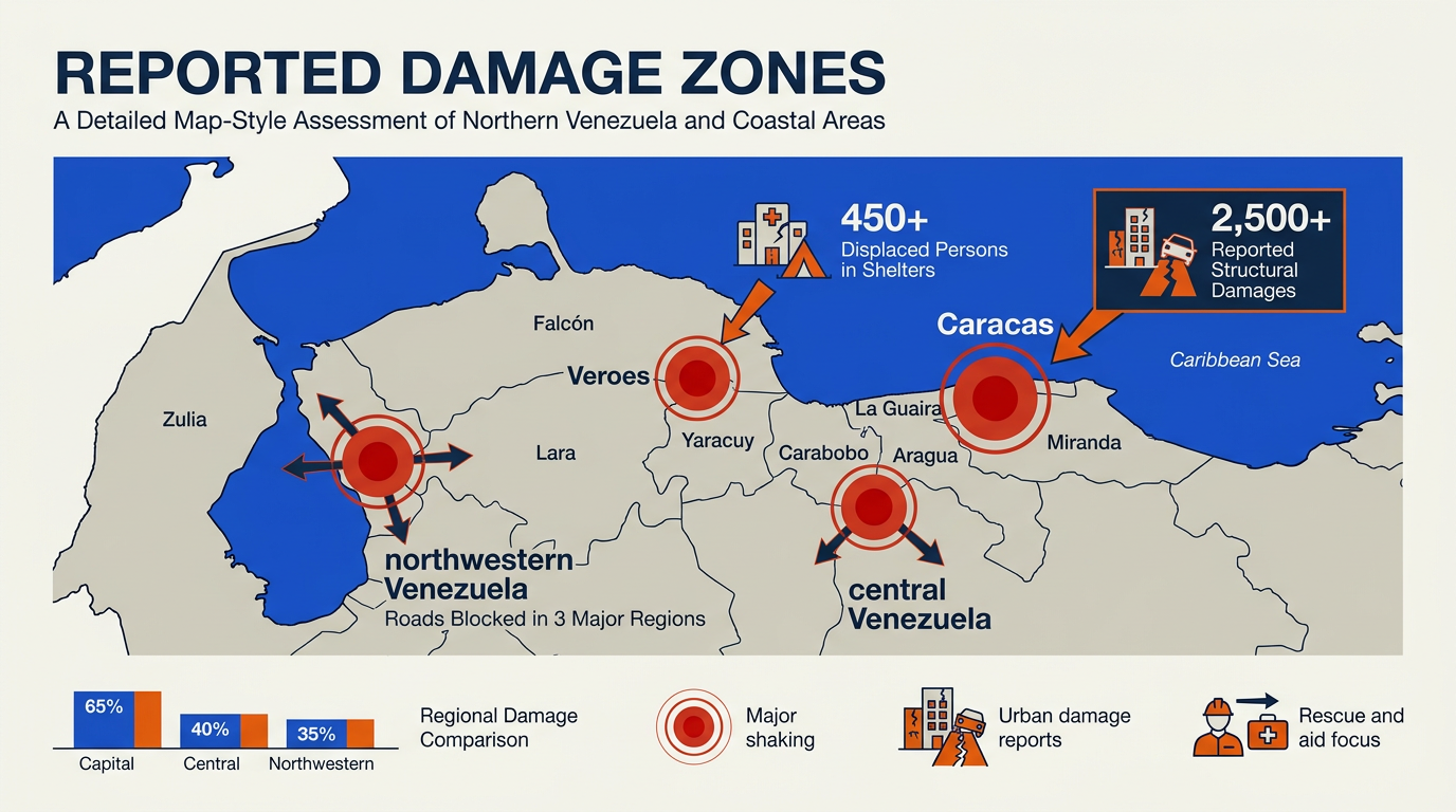 A detailed map-style infographic of northern Venezuela and nearby coastal areas, titled Reported Damage Zones