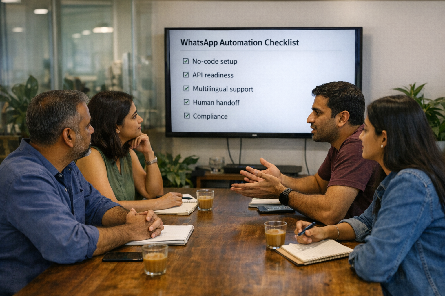 A professional roundtable scene inside a modern coworking space in Bangalore, with an SME founder, a startup growth