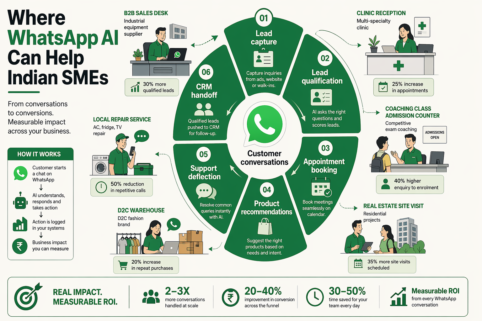 A circular ROI wheel infographic titled Where WhatsApp AI Can Help Indian SMEs with six segments labelled Lead capture, Lead
