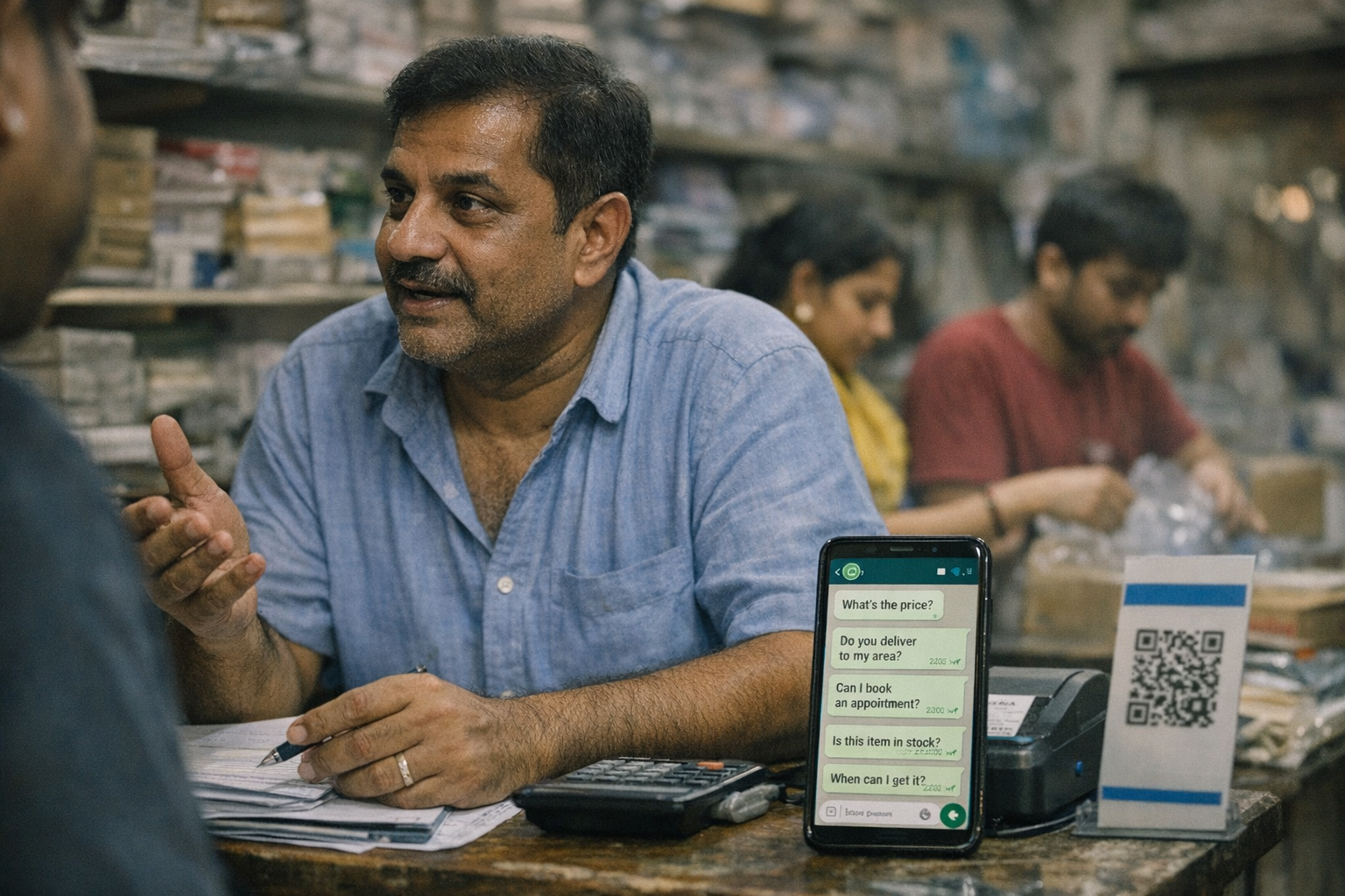 A lively Indian retail store during peak evening hours, with a shop owner at the billing counter answering customers in