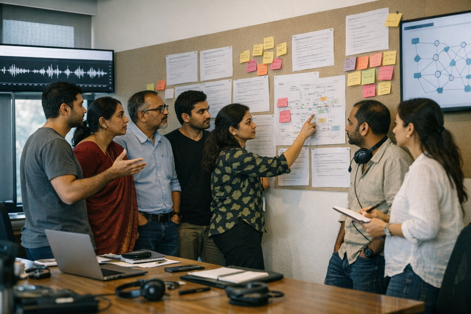 A cross-functional launch review in a bright Bengaluru conference room, where a product manager, API engineer, Hindi