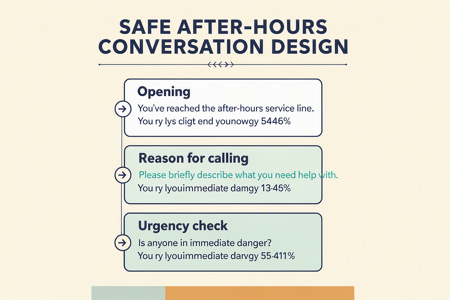 A layered script-and-safety infographic titled SAFE AFTER-HOURS CONVERSATION DESIGN