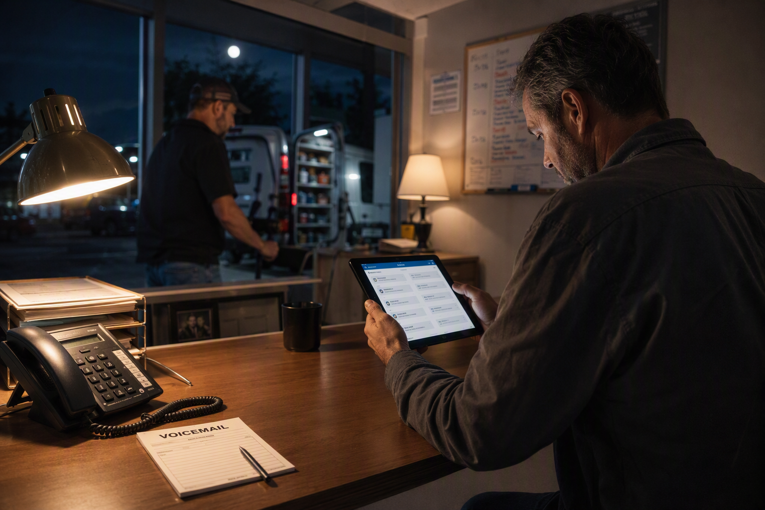 A split evening scene inside a small service company office