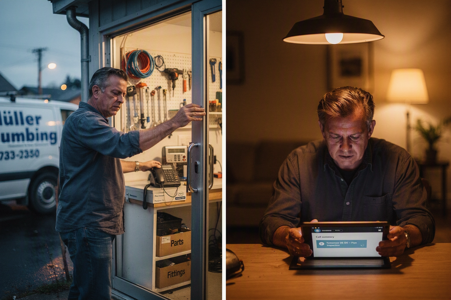 A split-scene editorial photograph showing the context of after-hours calls for a small business