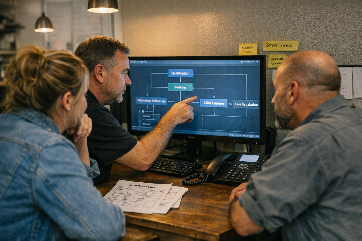 A collaborative evening planning scene inside a compact service-business office