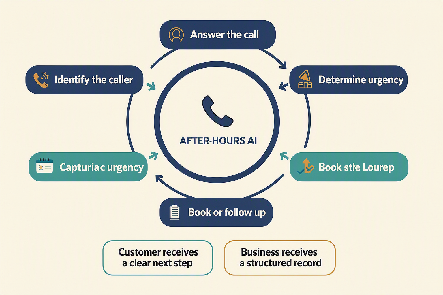 A clean circular workflow infographic showing how an after-hours customer request moves through an automated answering system