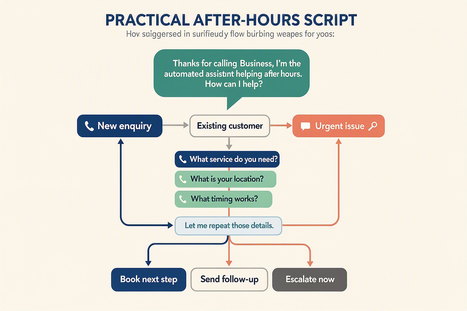A branching conversation-map infographic titled PRACTICAL AFTER-HOURS SCRIPT