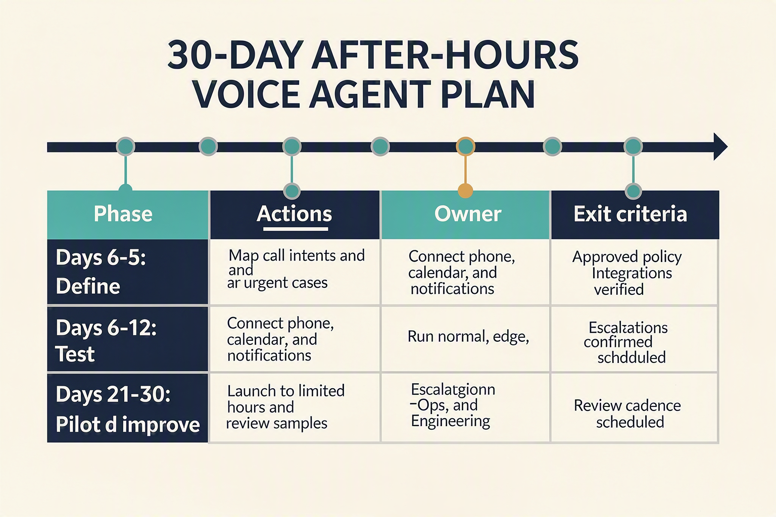 A phased implementation-table infographic titled 30-DAY AFTER-HOURS VOICE AGENT PLAN