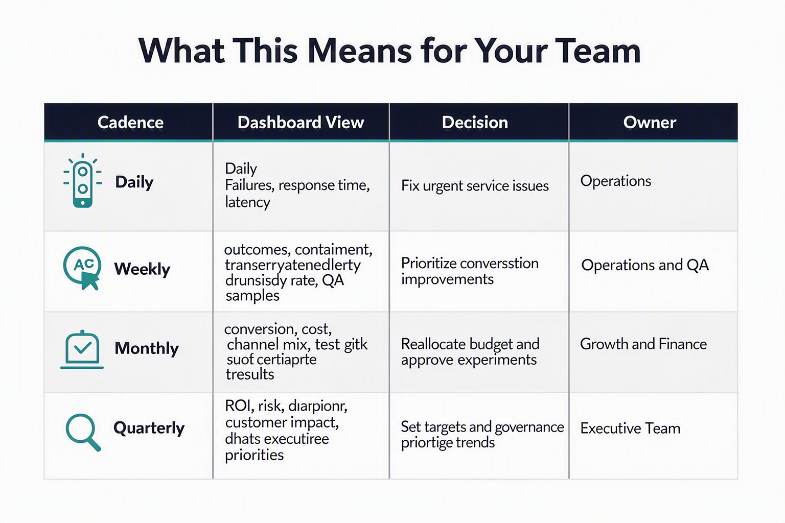 An executive action matrix titled What This Means for Your Team with four columns labeled Cadence, Dashboard View, Decision,