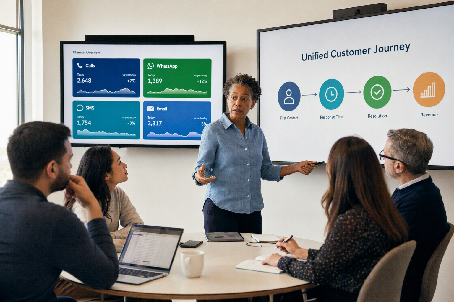 A customer experience director standing in a bright operations studio, viewing two contrasting wall displays