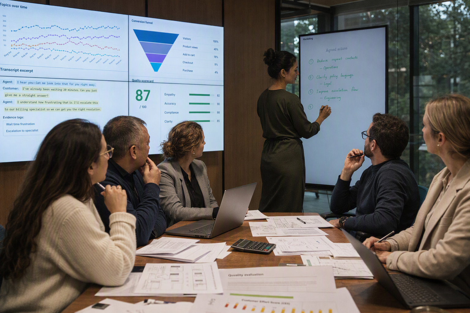 A multidisciplinary review meeting in a glass-walled strategy room, featuring an operations lead, finance partner, quality