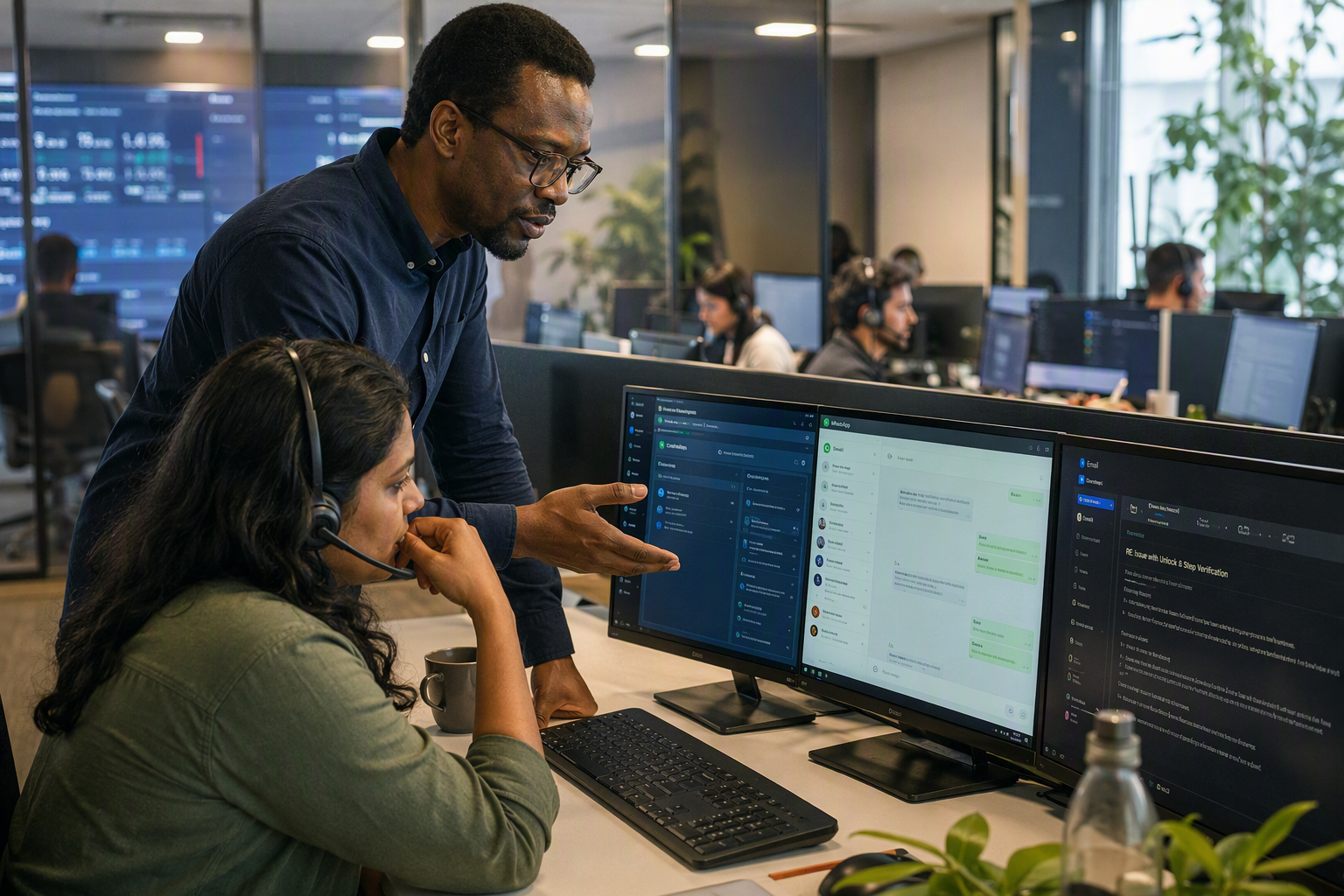 Inside a bright customer-experience operations room, an AI operations lead and a support supervisor review one customer