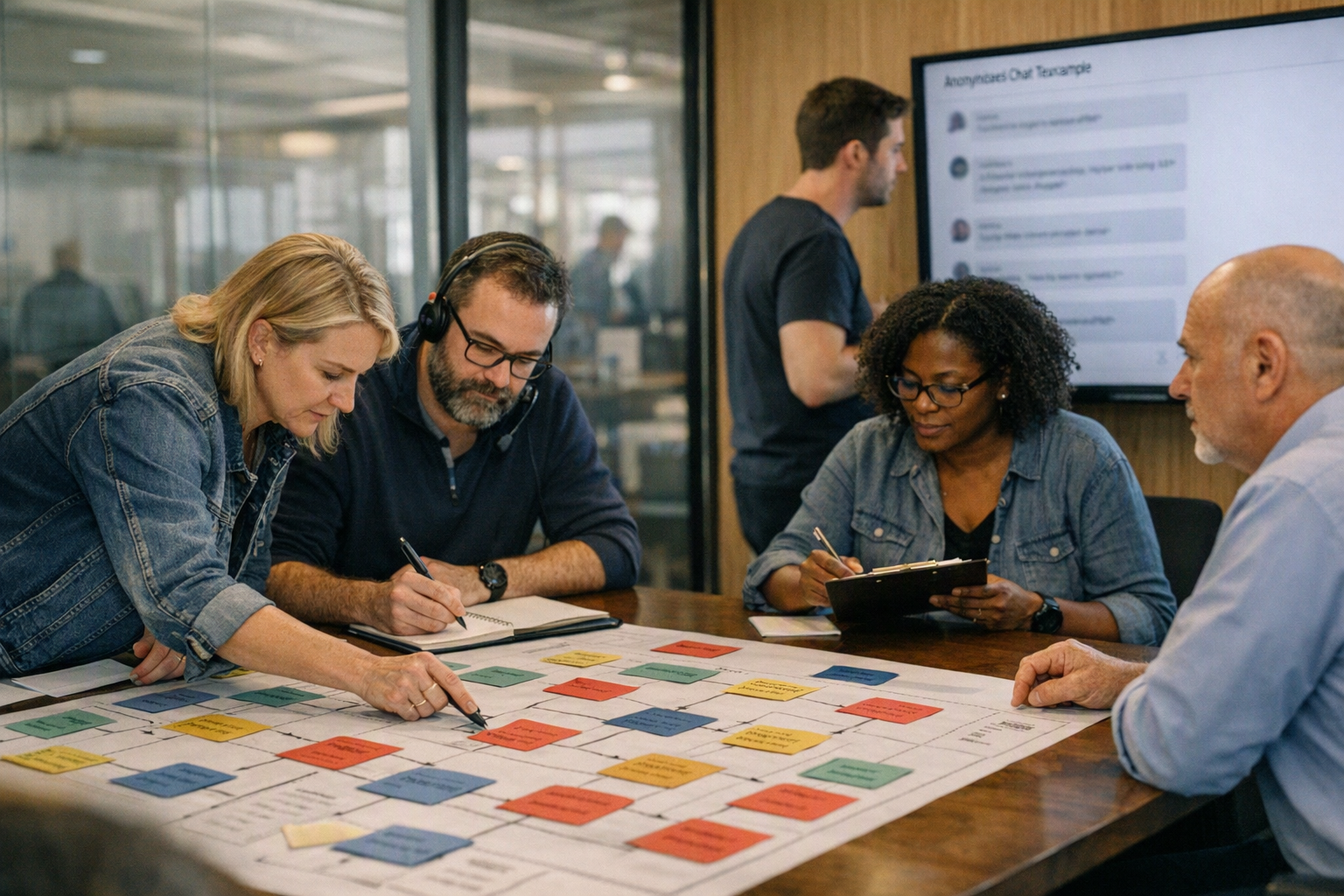 A facilitated governance workshop in a glass-walled meeting room where customer-support leaders, compliance specialists,