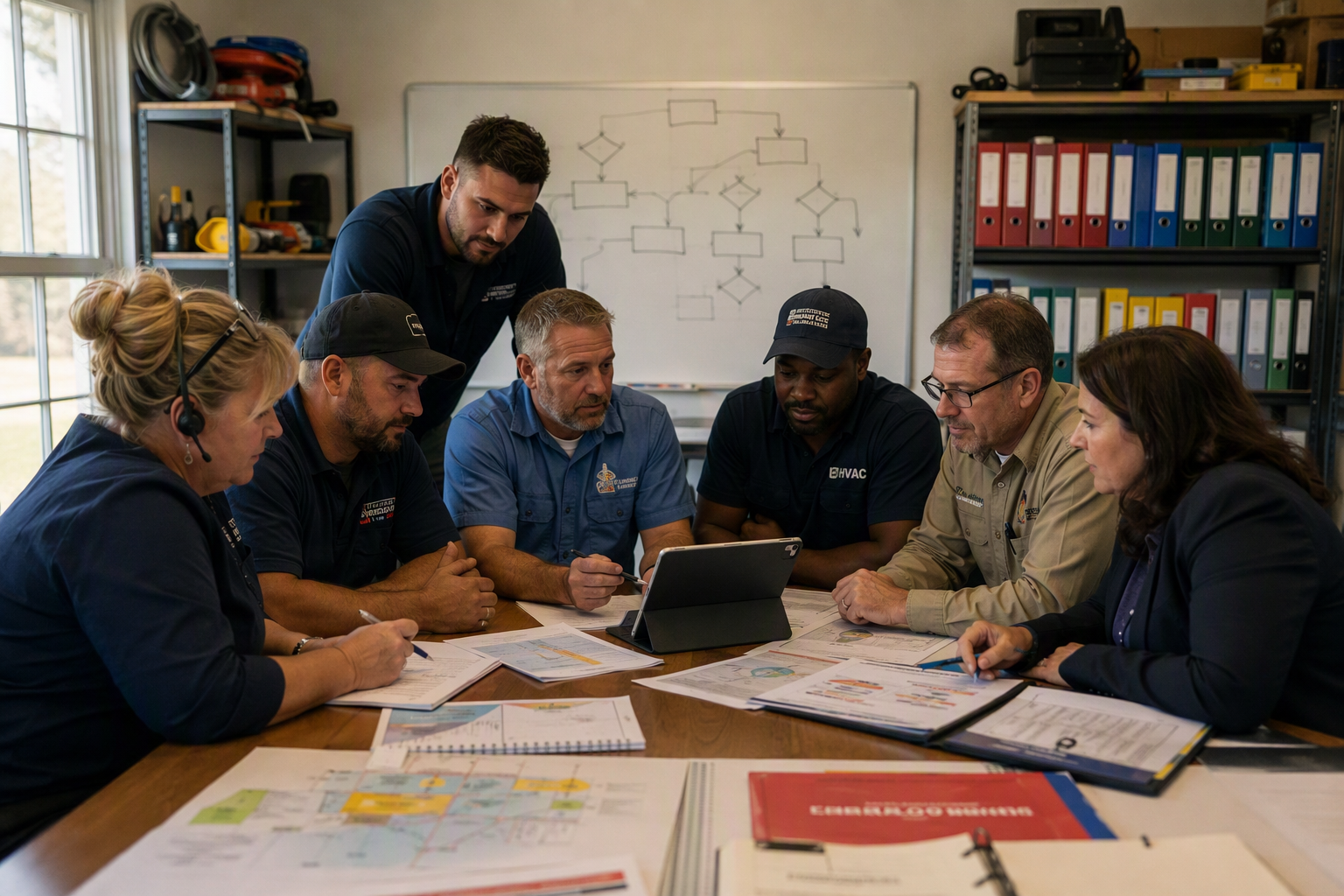 A collaborative workshop in a bright home-service training room, where a veteran dispatcher, plumbing supervisor, HVAC