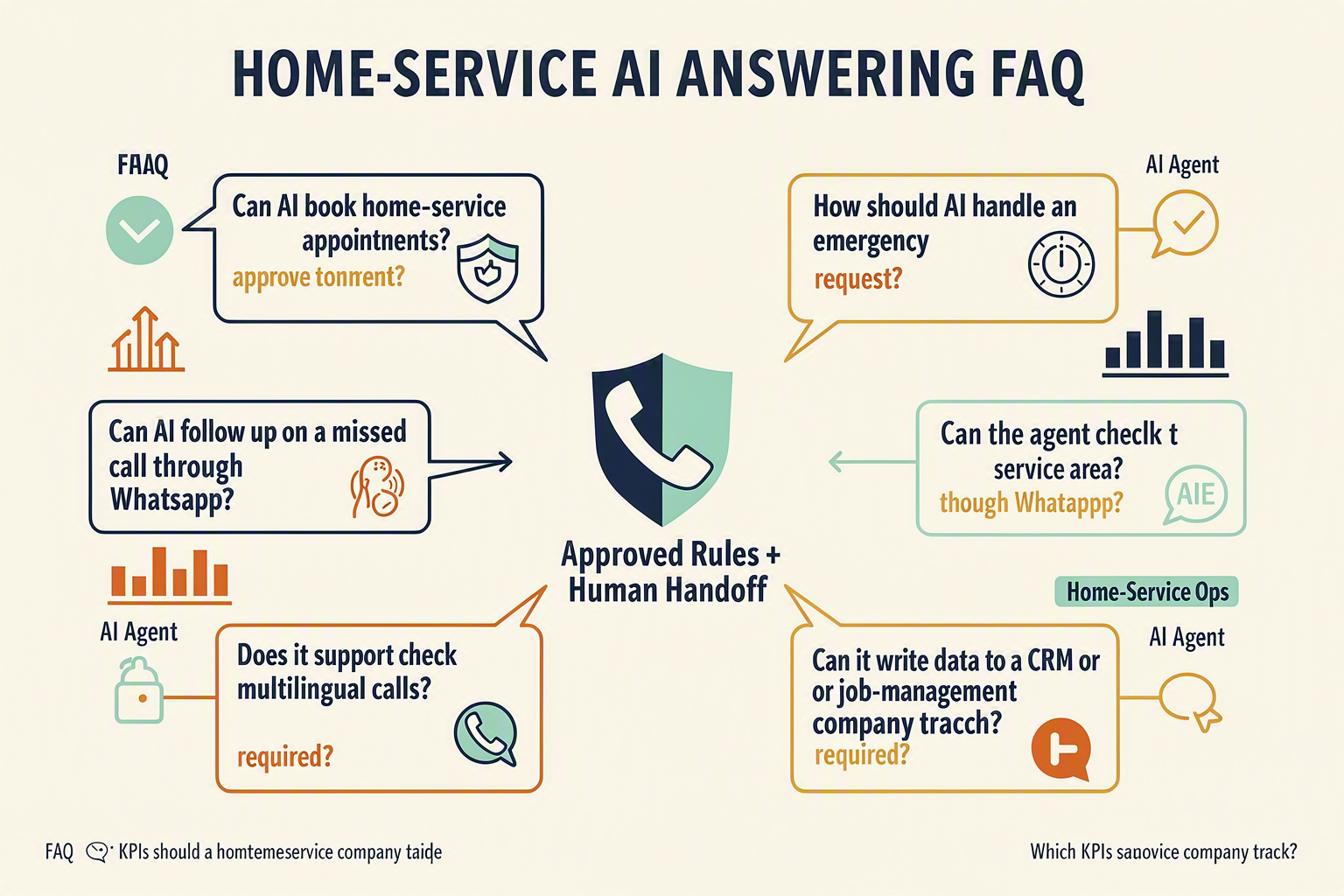 An FAQ navigation infographic titled HOME-SERVICE AI ANSWERING FAQ with eight speech-bubble cards containing the exact