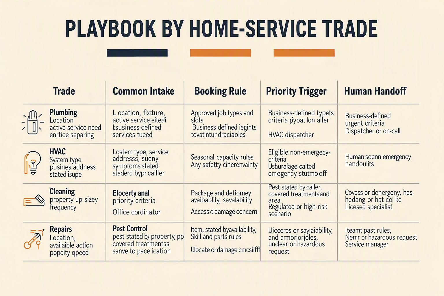A six-row implementation comparison table titled PLAYBOOK BY HOME-SERVICE TRADE with columns Trade, Common Intake, Booking