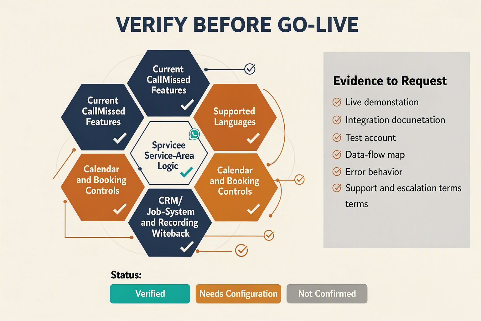 A comprehensive pre-deployment verification checklist titled VERIFY BEFORE GO-LIVE arranged as six interlocking hexagons