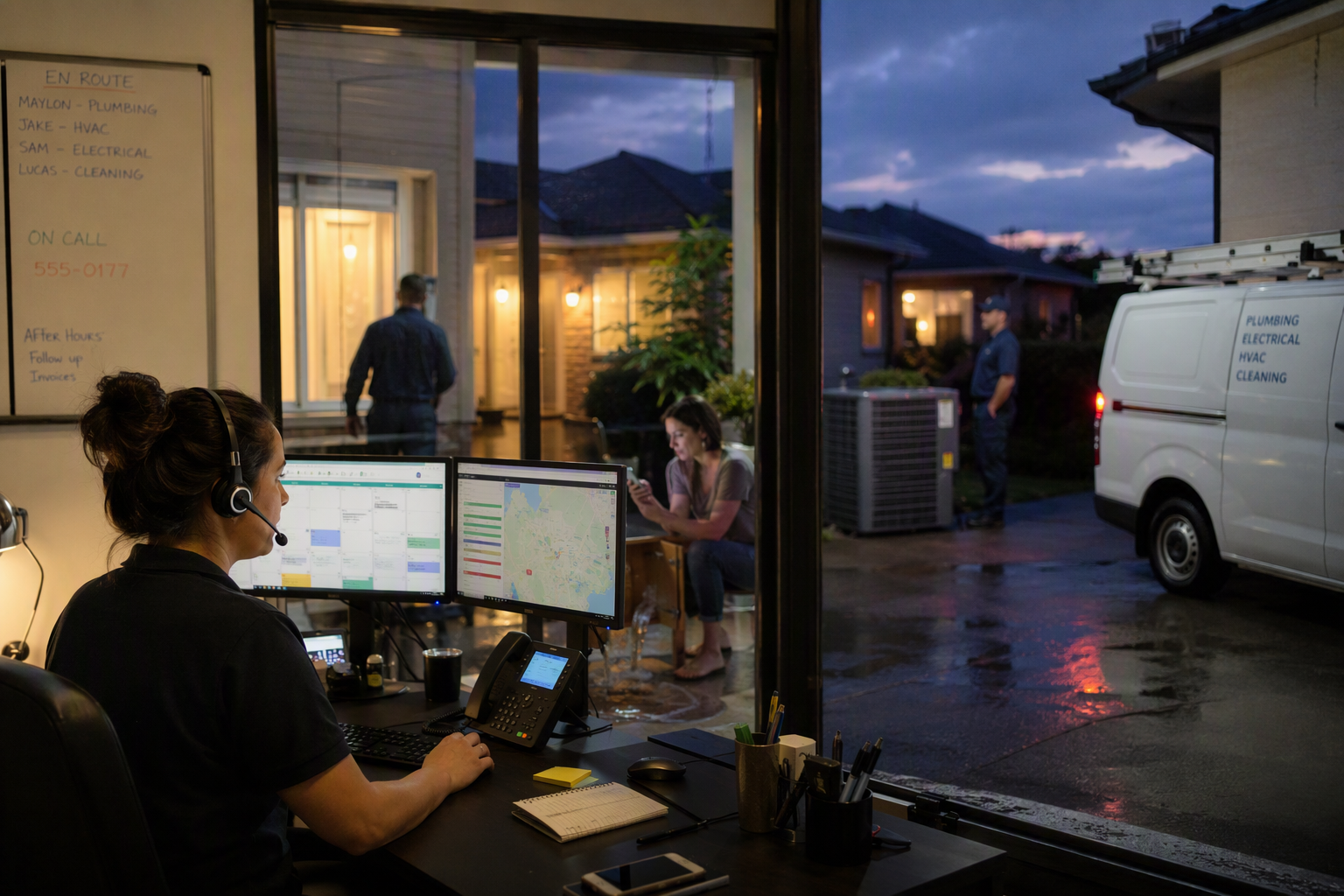 A split-scene narrative showing a busy home-service company at dusk: in the foreground, a dispatcher coordinates plumbers,