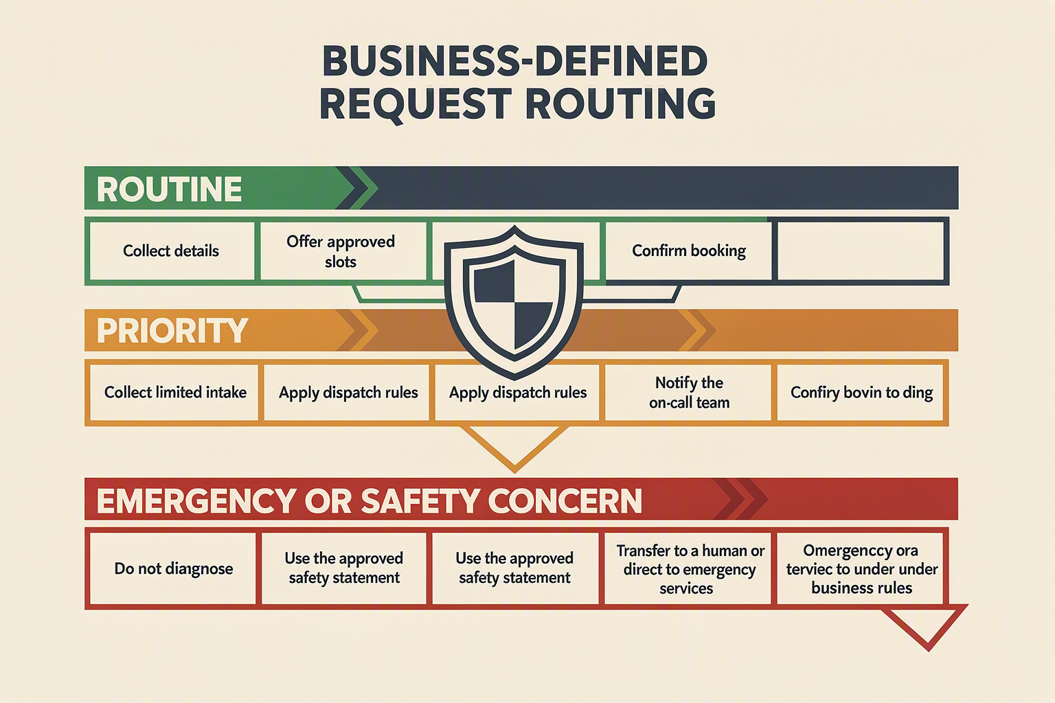 A three-lane safety-routing flowchart titled BUSINESS-DEFINED REQUEST ROUTING