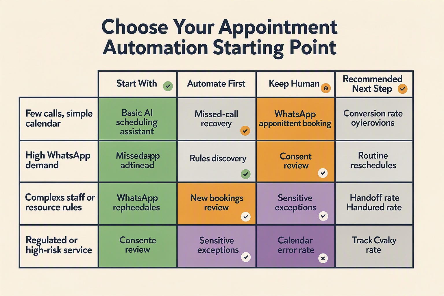A decision-matrix infographic titled Choose Your Appointment Automation Starting Point with rows labelled Few calls, simple