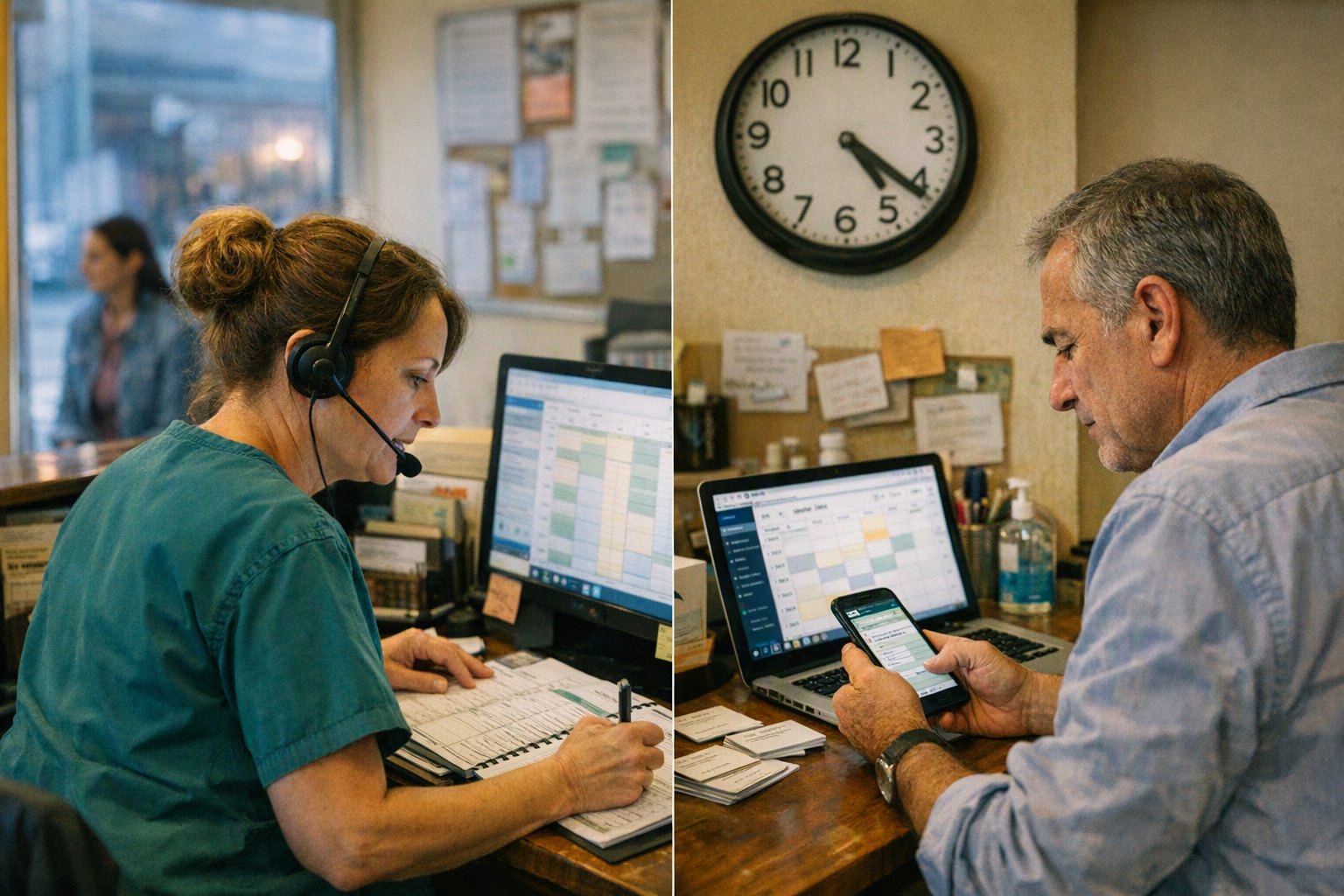 A split-scene photograph of a busy neighborhood clinic reception desk during late afternoon