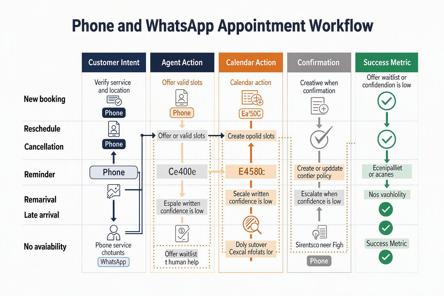 A detailed workflow-table infographic titled Phone and WhatsApp Appointment Workflow with columns headed Customer Intent,