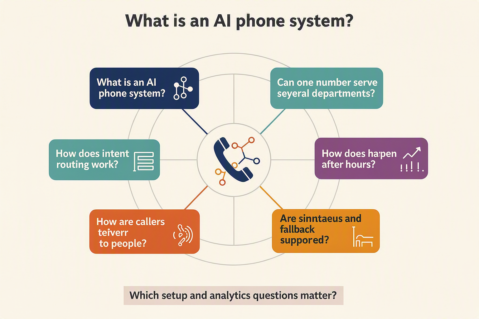 A radial FAQ infographic titled AI BUSINESS PHONE SYSTEM FAQ with a central telephone-and-routing icon surrounded by seven